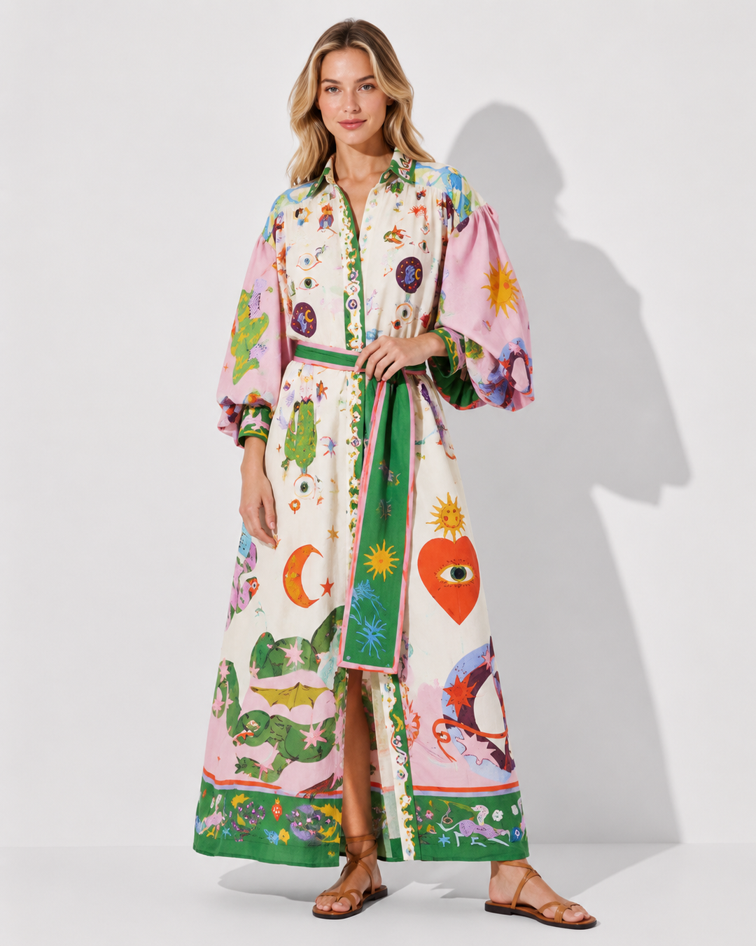 Elegantes lila Damen Retro Maxikleid mit Laternenärmeln und A-Linie, perfekt als Abend- oder Freizeitkleid.