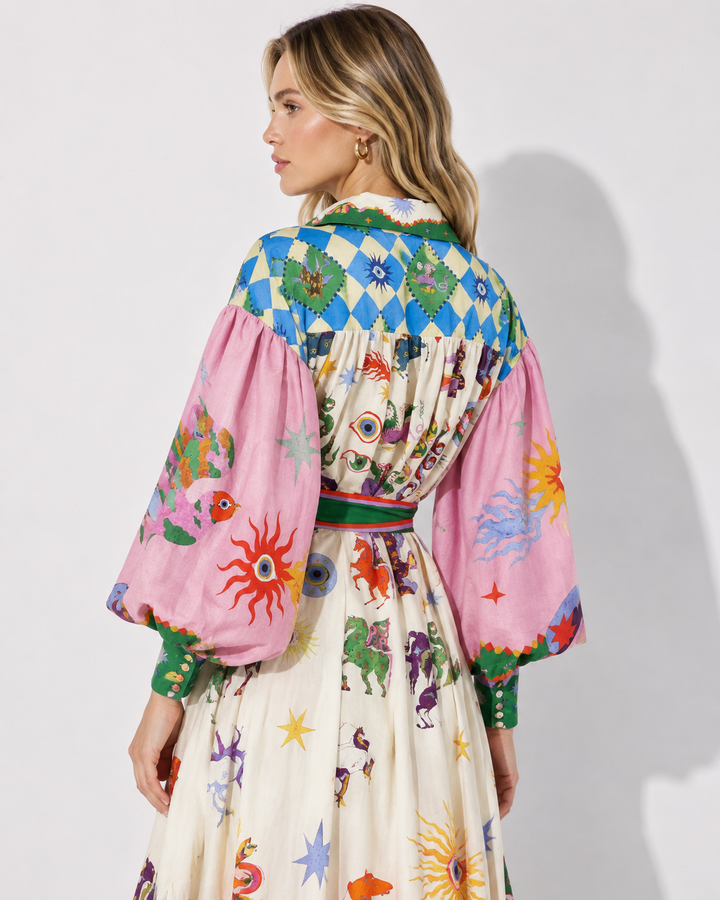 Frühlingsmode: Bequemes lila Damen Retro Maxikleid mit gedrucktem Muster und langen Ärmeln, ideal für Freizeit.