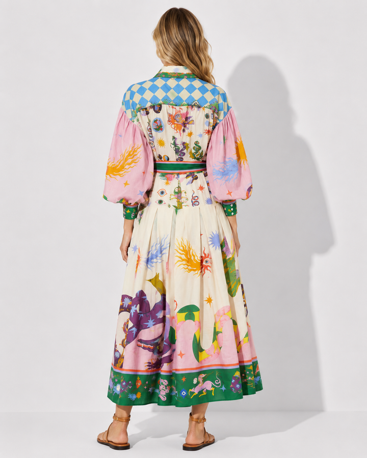 Stilvolles Damen Abendkleid, ein retro Maxikleid in Lila mit eleganten Laternenärmeln für besondere Anlässe.