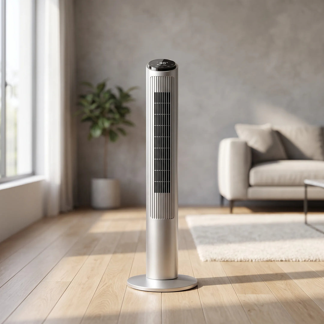 Schlanker, silberner Turmventilator mit App-Steuerung für leise und effektive Raumkühlung; modernes Smart Home Design.