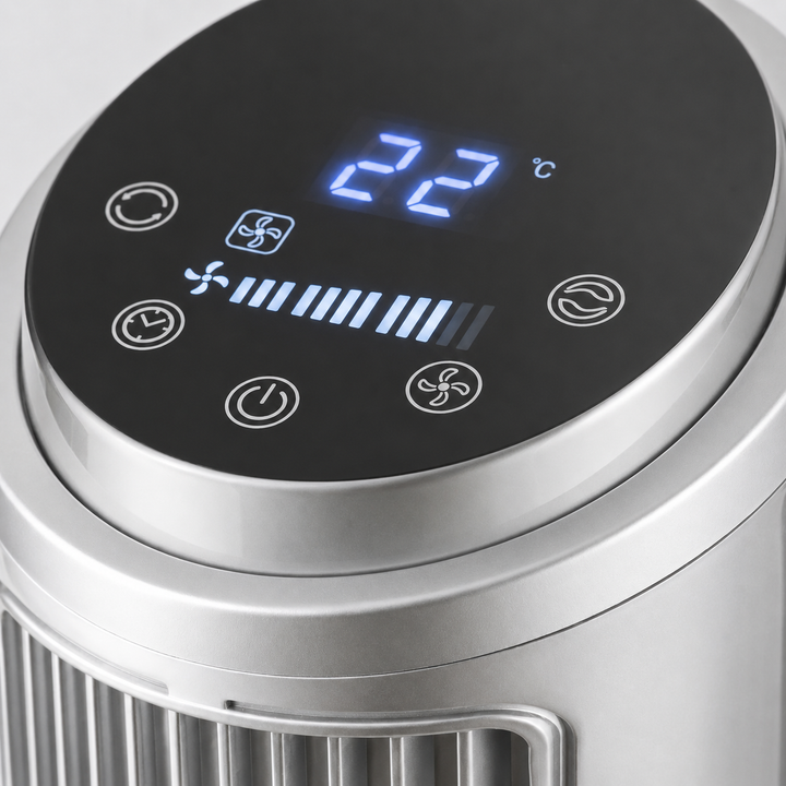 Moderner Turmventilator mit Smart Home App-Steuerung, leise Kühlung für optimales Raumklima; schlankes, silbernes Design.