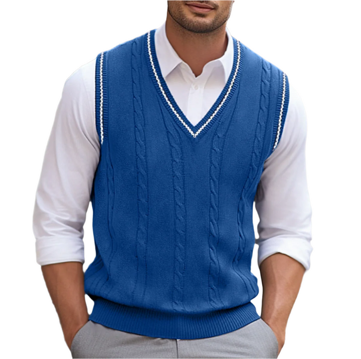 Vielseitige ärmellose Herren Strickweste, V-Ausschnitt, perfekt für Layering in Sommer- und Übergangs-Looks.
