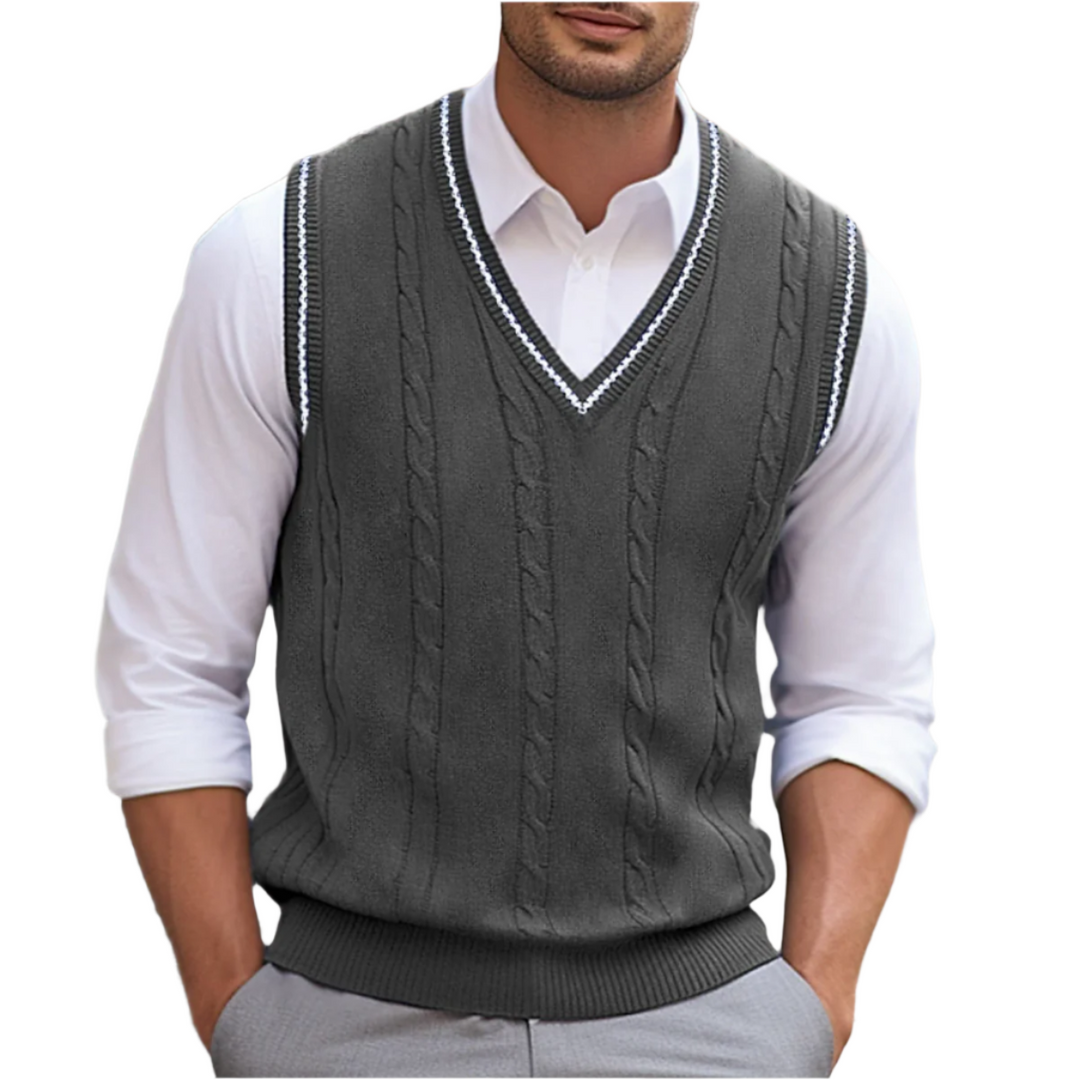 Leichte, bequeme ärmellose V-Ausschnitt Herren Strickweste, ideal für Smart-Casual im Sommer und Freizeit.