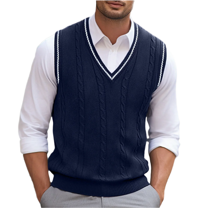 Modische Herren Strickweste ärmellos, V-Ausschnitt, ein Must-have für elegante Herrenmode im Büro oder privat.