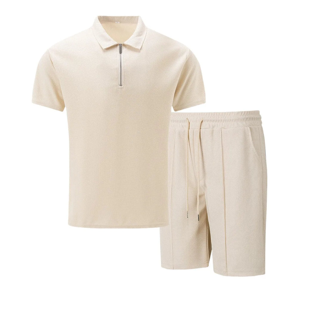 Herren Shorts Set in lässigem Stil, Kurzarm Polo mit Strukturmuster & bequemen Sommershorts.