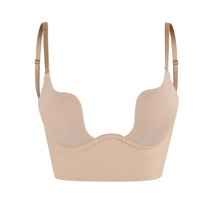 Eleganter rückenfreier Damen Push-up BH mit tiefem Ausschnitt. Unsichtbarer, nahtloser Halt für besondere Anlässe.