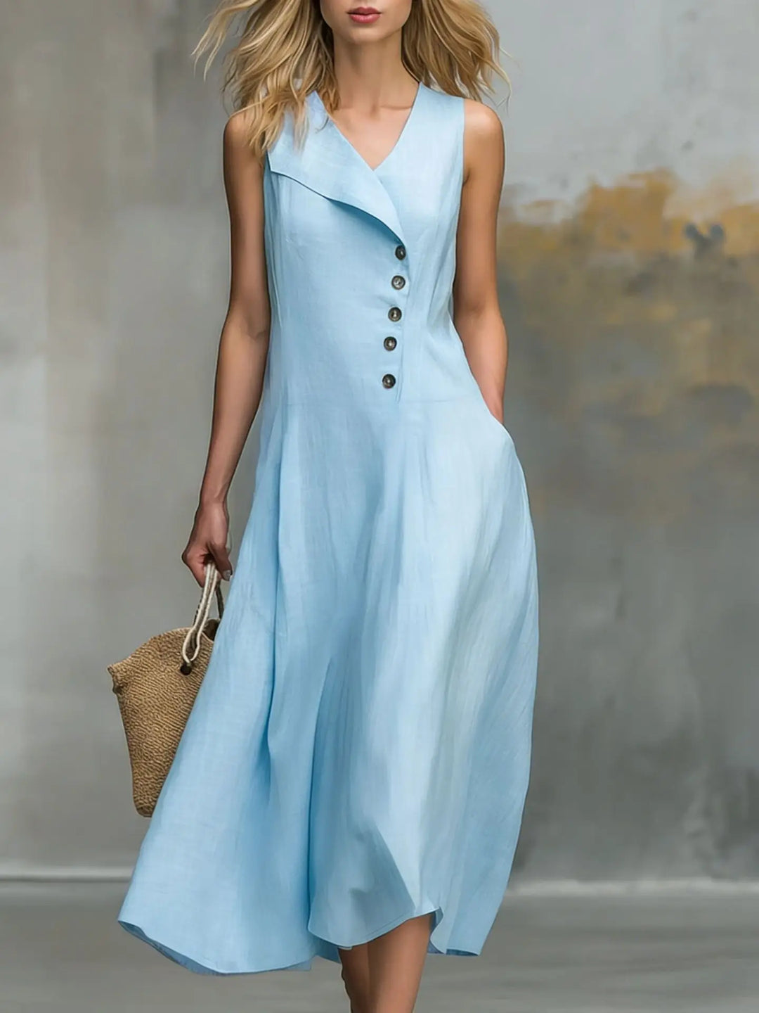 Langes Damen Sommerkleid mit V-Ausschnitt, Knöpfen & bequemen Seitentaschen. Ärmelloses A-Linie Freizeitkleid.