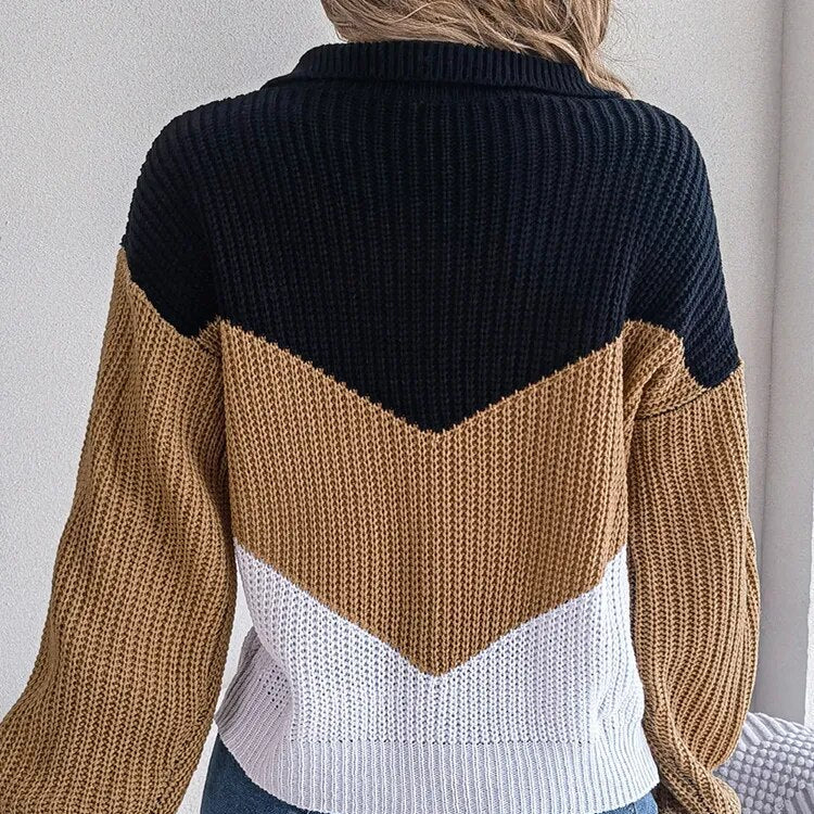 Stylischer Damen Colour-Block Strickpullover mit V-Ausschnitt. Moderner Freizeit-Look für den Alltag.