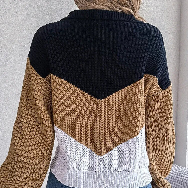 Stylischer Damen Colour-Block Strickpullover mit V-Ausschnitt. Moderner Freizeit-Look für den Alltag.