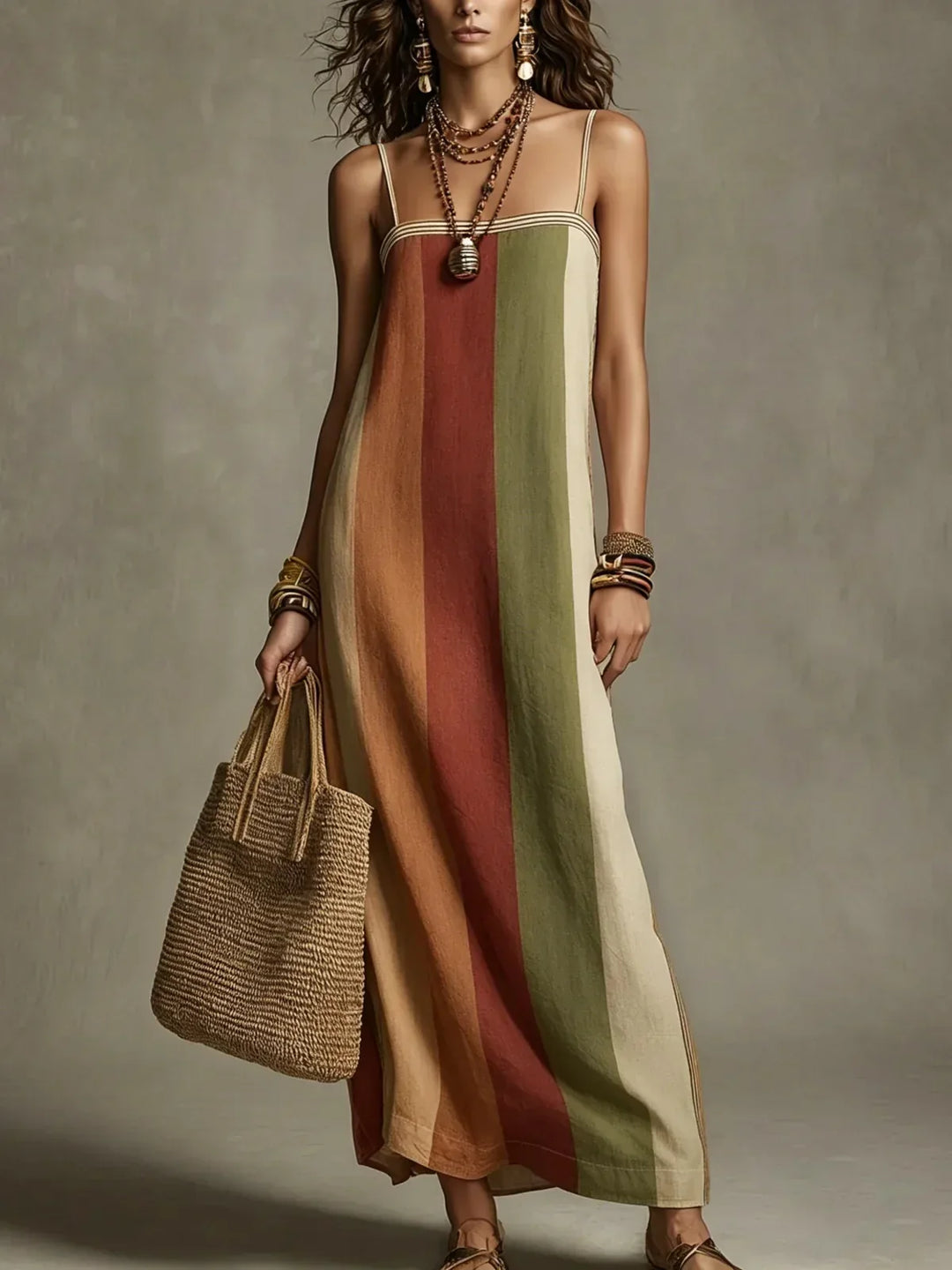 Langes, gestreiftes Damen Sommerkleid mit dünnen Spaghettiträgern, fließend und bequem für warme Tage.
