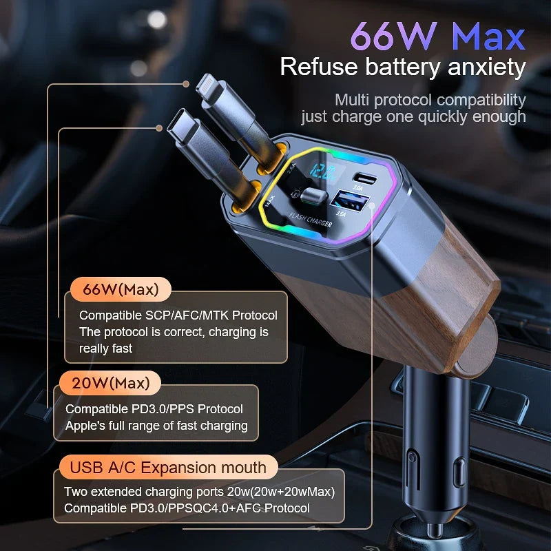 Schnelllade-Autoladegerät 120W mit ausziehbaren USB-C Kabeln. Perfektes Kfz-Zubehör für unterwegs und Reisen.