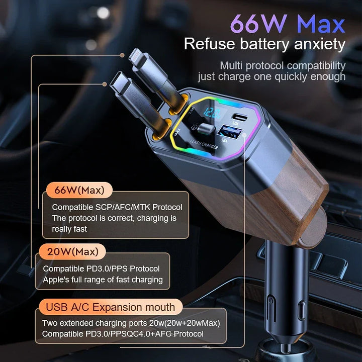 Schnelllade-Autoladegerät 120W mit ausziehbaren USB-C Kabeln. Perfektes Kfz-Zubehör für unterwegs und Reisen.