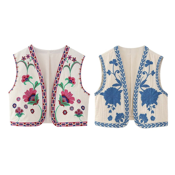 Modische Blumen Weste für Damen: Vintage-Stil mit eleganter Stickerei in Rosa & Blau für Frühling & Sommer.