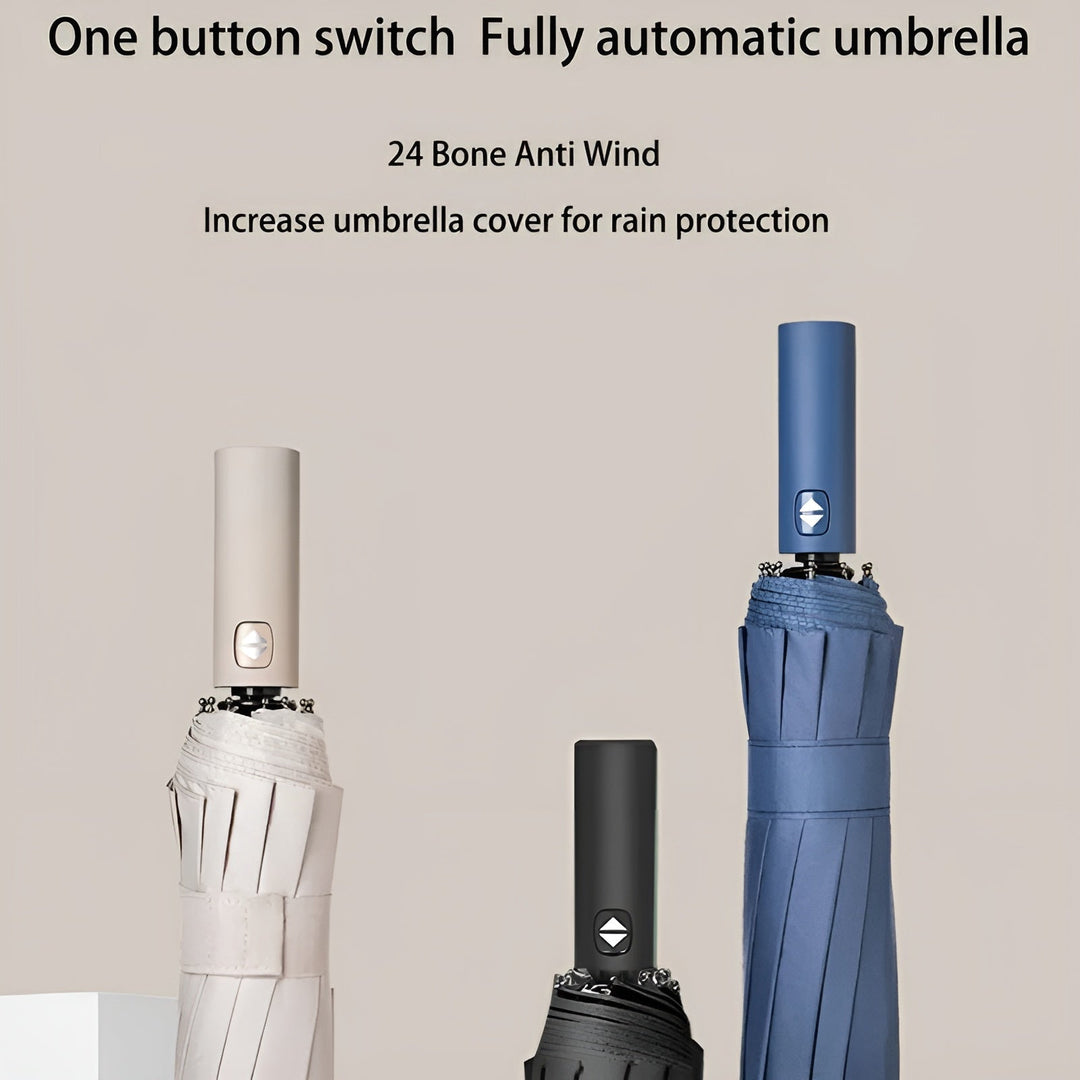 Robuster Automatik-Regenschirm mit verstärktem Gestell. Windfest und langlebig, ideal für jedes Wetter.