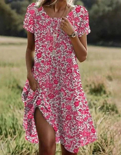 Aufhänger: Damen Midikleid mit floralem Muster, locker fallendes Kurzarm Sommerkleid, elegantes Design.