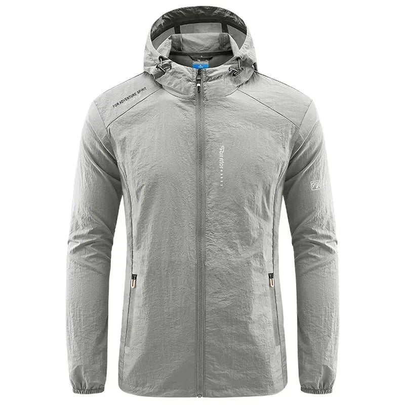 Dunkelblaue Herren Outdoorjacke, wasserdicht, mit Kapuze und praktischen Taschen, für Herrenmode.