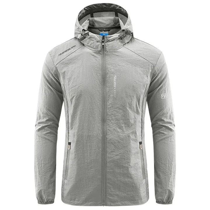 Dunkelblaue Herren Outdoorjacke, wasserdicht, mit Kapuze und praktischen Taschen, für Herrenmode.