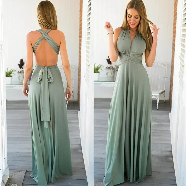 Verstellbares Damen Wickelkleid, vielseitig als Maxikleid, elegant für Abend oder Sommer.