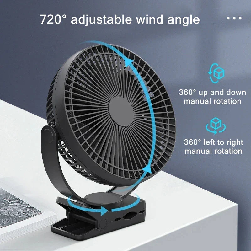 Kompakter USB-Tischventilator mit 10000mAh Akku & Clip, sorgt für erfrischende Kühlung im Büro & unterwegs.