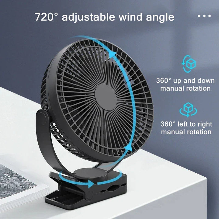 Kompakter USB-Tischventilator mit 10000mAh Akku & Clip, sorgt für erfrischende Kühlung im Büro & unterwegs.