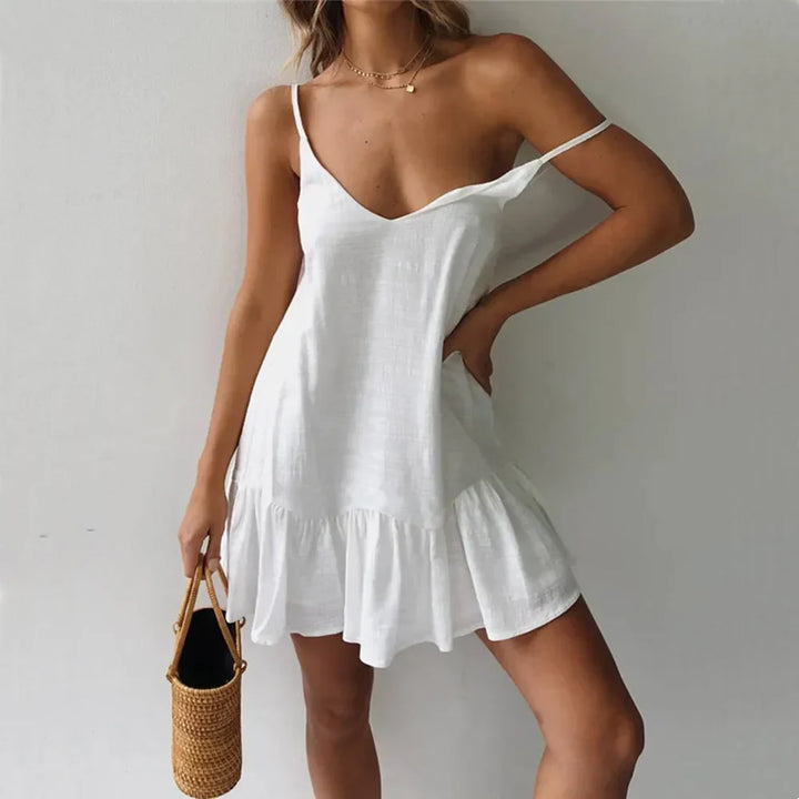 Jolina Damen Sommer Mini Rüschenkleid: leichtes, verspieltes Freizeitkleid mit V-Ausschnitt und Spaghettiträgern.