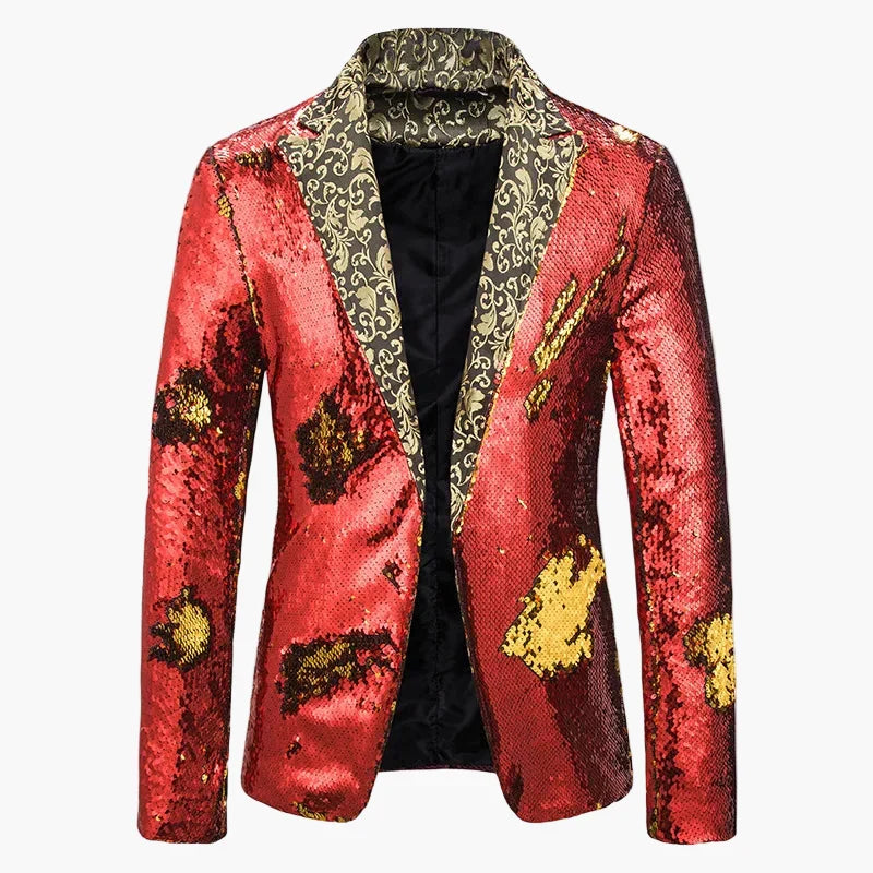 Mann trägt eleganten Pailletten Blazer. Stylisches Sakko für Festlichkeiten & Bühnenoutfits.