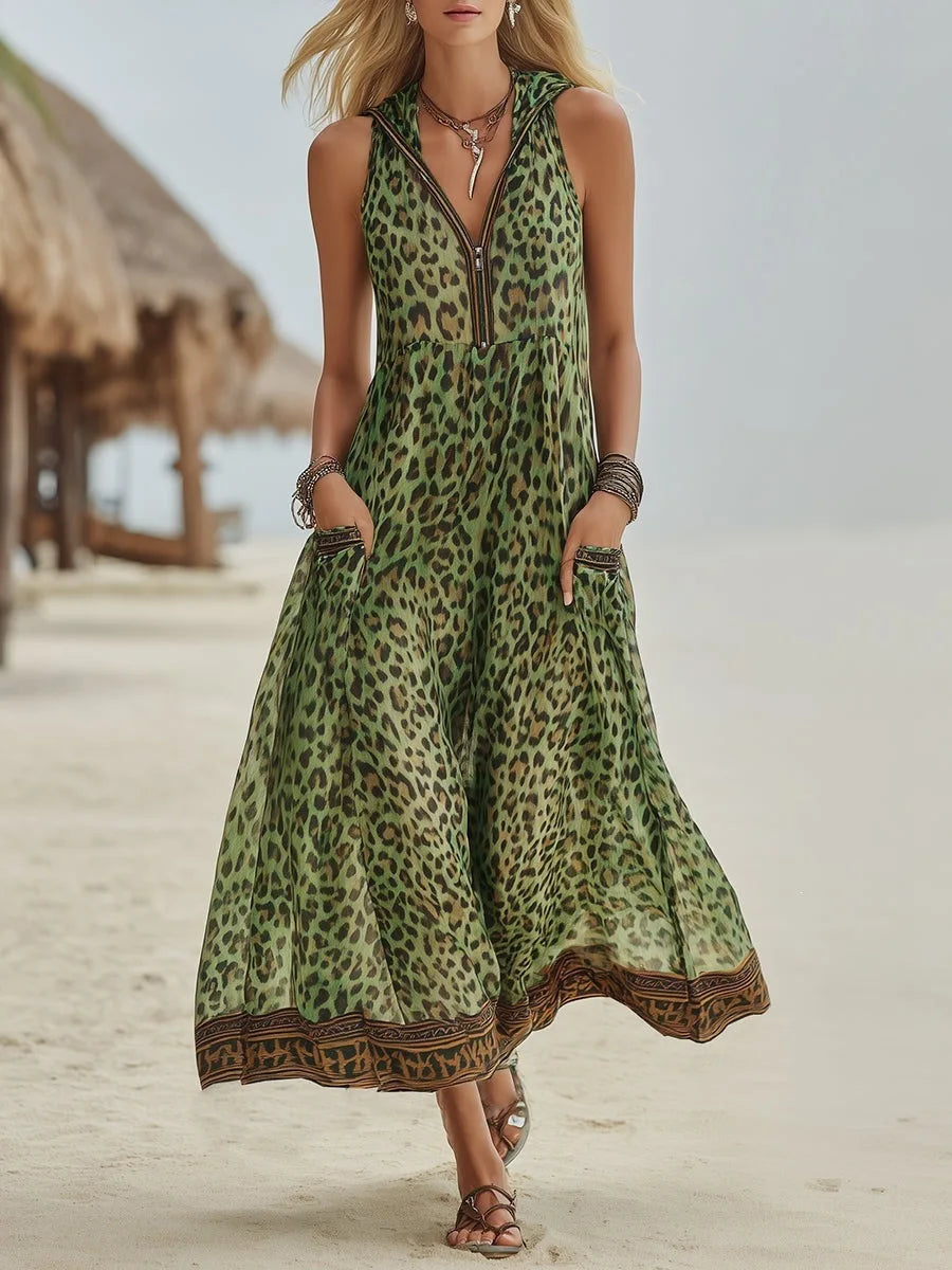 Modisches Damen Maxikleid mit trendigem Leopardenmuster, elegantem V-Ausschnitt und ärmellosem Design, ideal für Sommer.