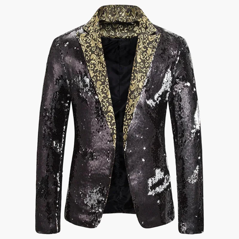 Tanzender Mann in funkelndem Pailletten Sakko. Extravaganter Party Blazer für unvergessliche Nächte.