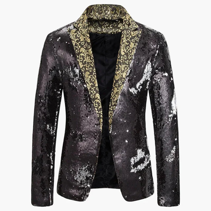 Tanzender Mann in funkelndem Pailletten Sakko. Extravaganter Party Blazer für unvergessliche Nächte.