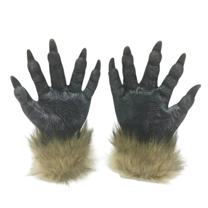 Graue Werwolf-Krallenhandschuhe, ideal für gruselige Halloween-Kostüme und Monster-Verkleidungen.