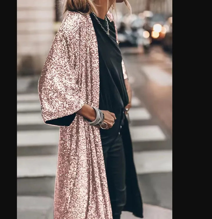 Festlicher Damen-Party-Mantel, lang, mit elegantem Gürtel & Taschen; ideale Herbst/Winter-Jacke.