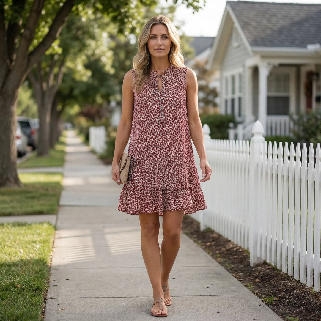 Damen ärmelloses Midikleid mit geometrischem Print. Perfekt für Frühling & Sommer als bequemes Freizeitkleid.