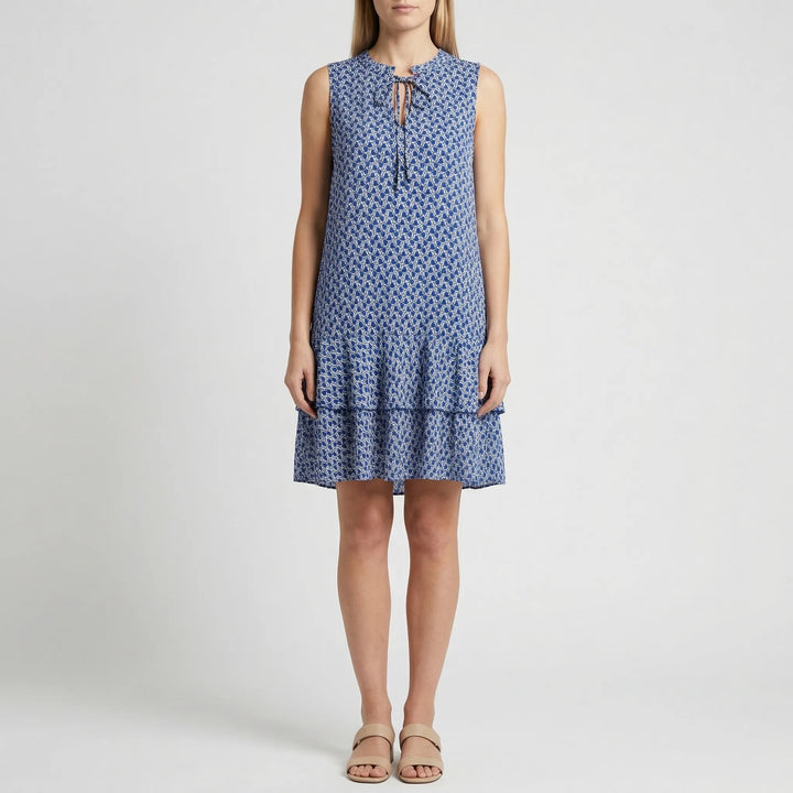 Trendiges Damen ärmelloses Kleid mit geometrischem Muster, lockerem Schnitt und Midi-Länge für Frühling/Sommer.