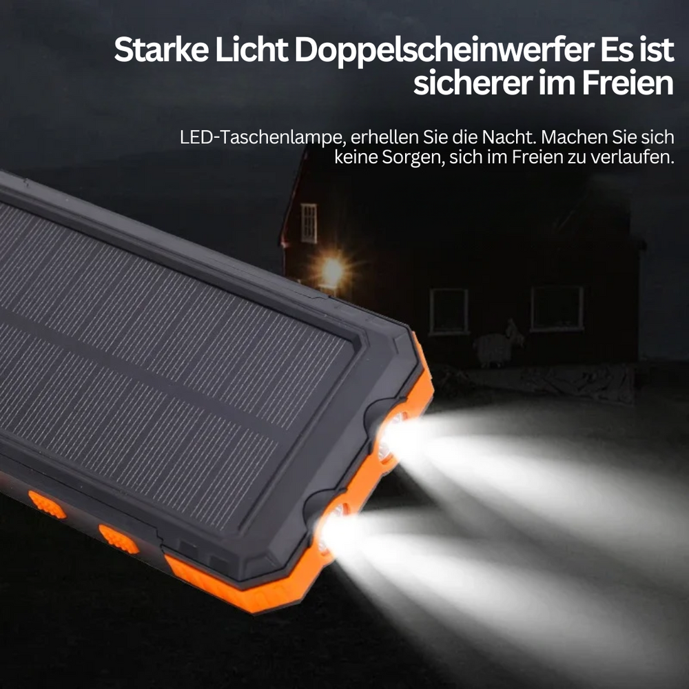 Robuste Solar Powerbank lädt dein Smartphone unterwegs. Ideal für Camping, Notfall & mobiles Aufladen.
