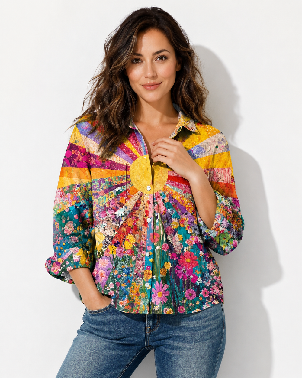 Damen Bluse im Vintage-Stil mit einzigartigem mehrfarbig-blauem Blumen- & Sonnenmuster-Print. Modische Retro-Hemd.