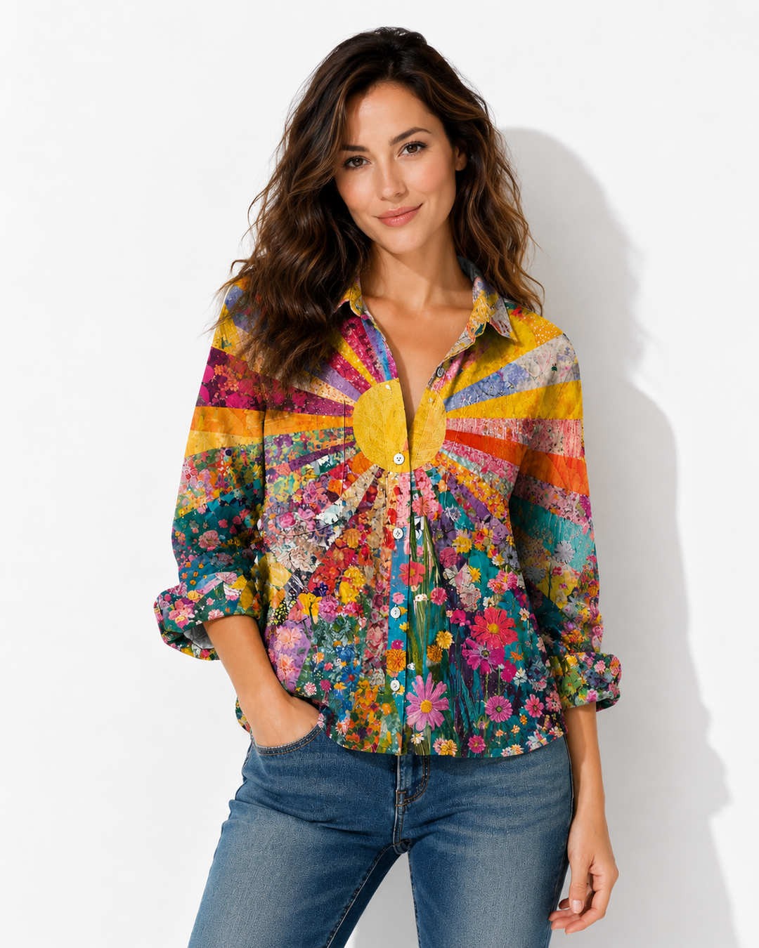 Elegantes Damen Hemd mit mehrfarbig-blauem Vintage-Print, lockerer Passform, ideal für Freizeit & Alltag. Retro-Bluse.