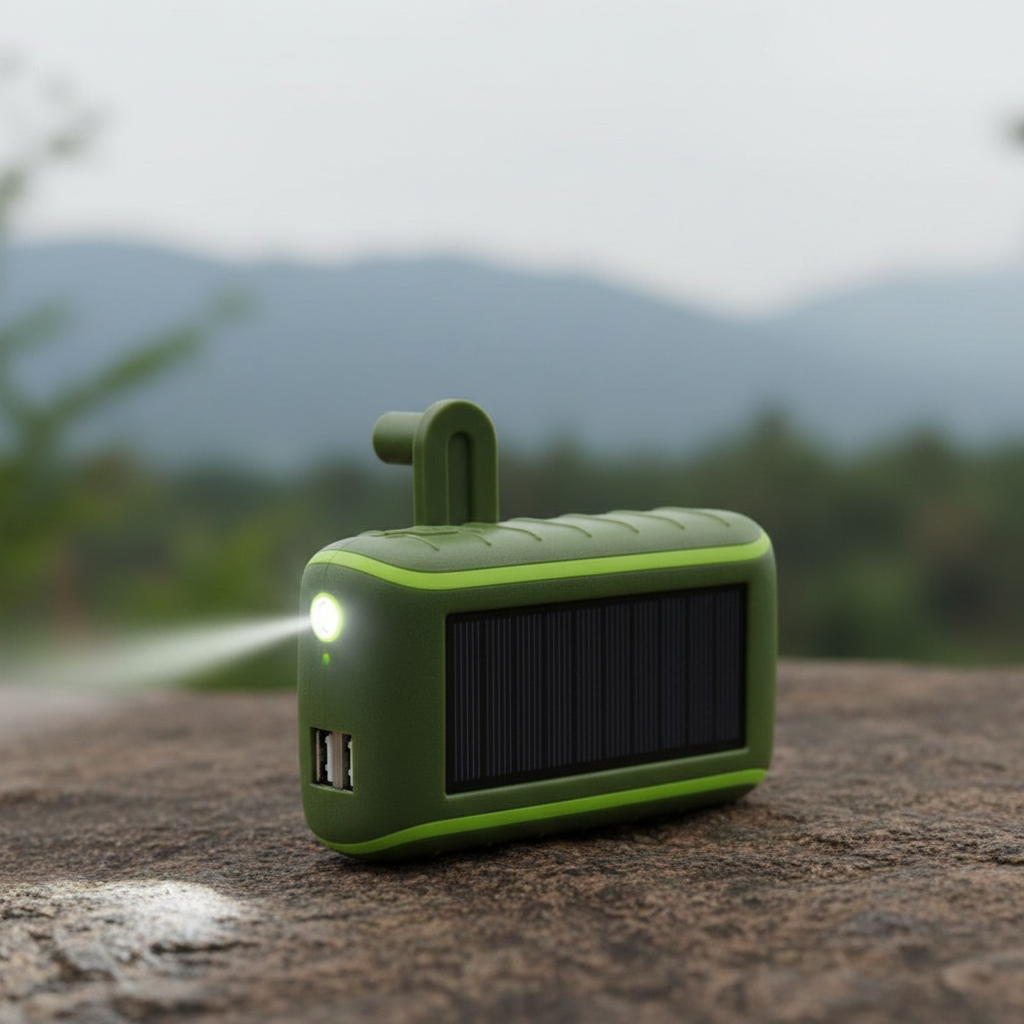CampSpark Outdoor Powerbank mit Solarpanel, Kurbel. Robust, stoßfest für Camping, Wandern und Notfall-Aufladung über USB.