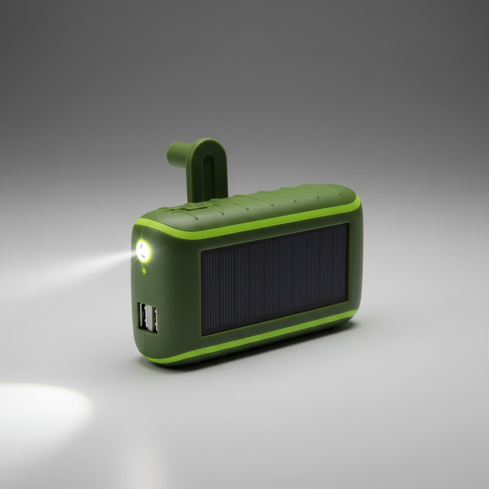 Stoßfeste CampSpark Solar Powerbank mit Kurbel, ideal für Outdoor, Notfall & Camping. Mit USB-Anschluss und Taschenlampe.