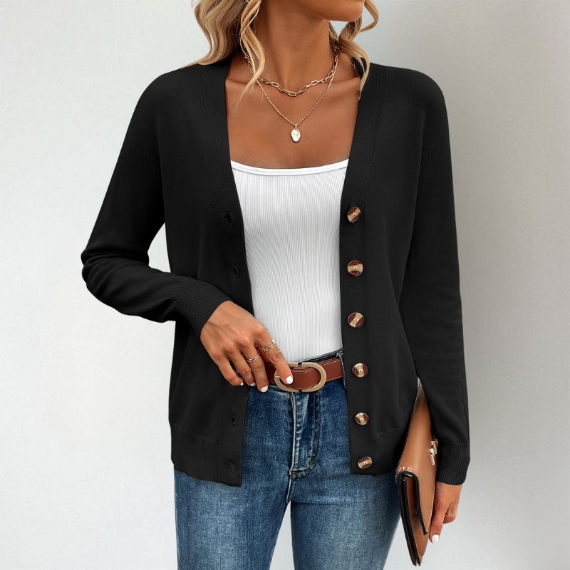 Bequemer Damen Cardigan mit V-Ausschnitt, stilvollen Seitenschlitzen & Knopfleiste. Ganzjährig tragbar.