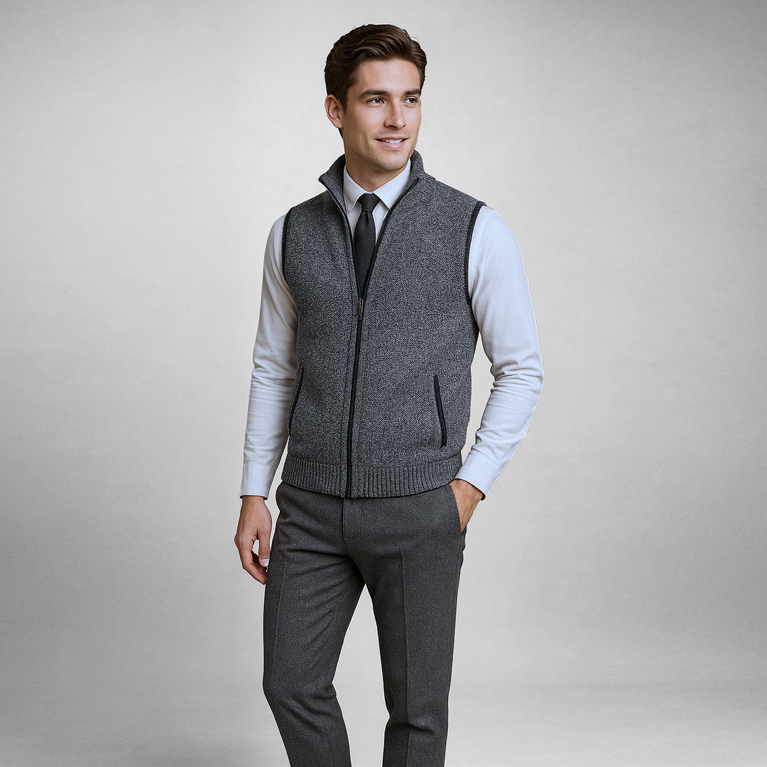 Elegante Herren Strickweste in anthrazit mit durchgehendem Reißverschluss. Perfekt für Freizeit & Büro-Looks.