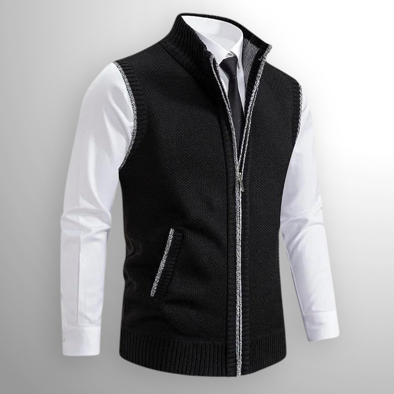 Herren Strickweste mit Reißverschluss und Stehkragen. Ideale ärmellose Weste für Business Casual Outfits.