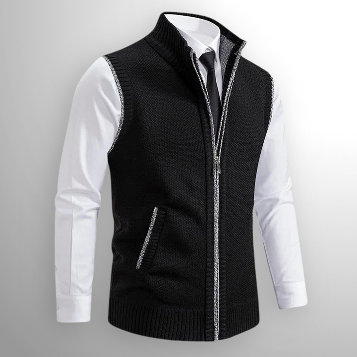 Herren Strickweste mit Reißverschluss und Stehkragen. Ideale ärmellose Weste für Business Casual Outfits.