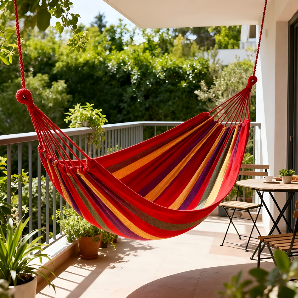 Robuste Outdoor Doppelhängematte aus Baumwolle für Garten, Terrasse & Camping. Ideal zur Entspannung.