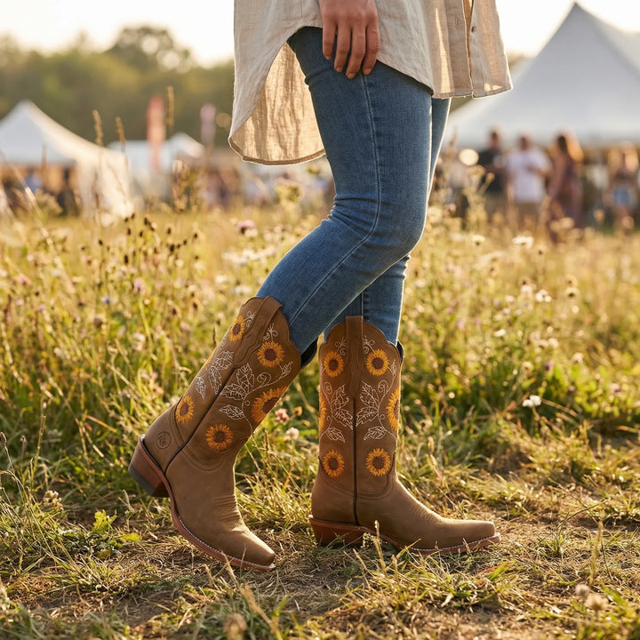 Damen Cowboystiefel Yvette mit eleganter Sonnenblumenstickerei im Western-Stil; perfekte Festival-Schuhe.