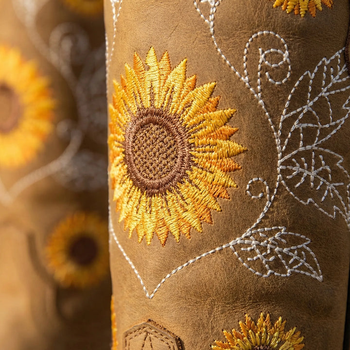 Trendige Damen-Boots im Western-Stil mit einzigartiger Sonnenblumenstickerei; ideal für Festivals & Freizeit.