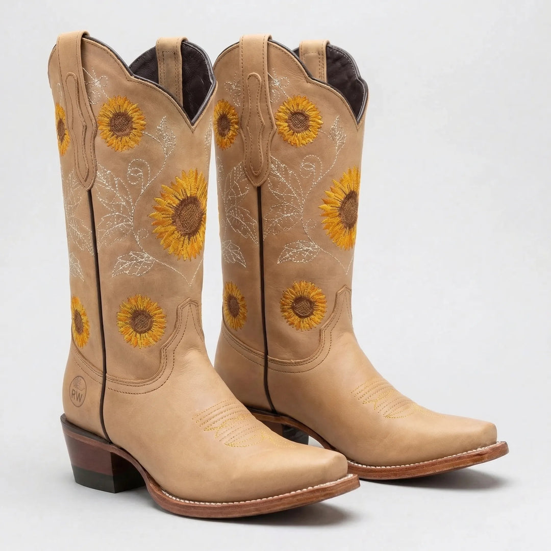 Elegante Cowboystiefel für Damen mit detailreicher Sonnenblumen-Stickerei; modische Schuhe für jeden Anlass.
