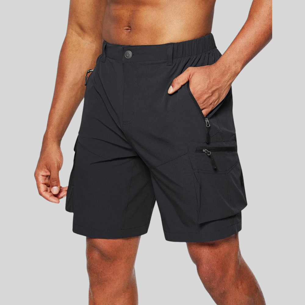Nahaufnahme der praktischen Reißverschlusstaschen an grauen Herren Cargo Shorts für sichere Aufbewahrung.