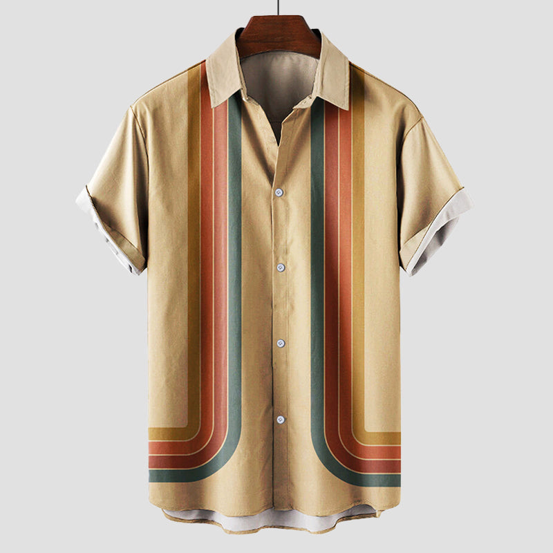 Lässiges Herren Sommerhemd im Vintage-Stil, Streifen in Khaki/Blau, ideal für Freizeit & warme Tage.