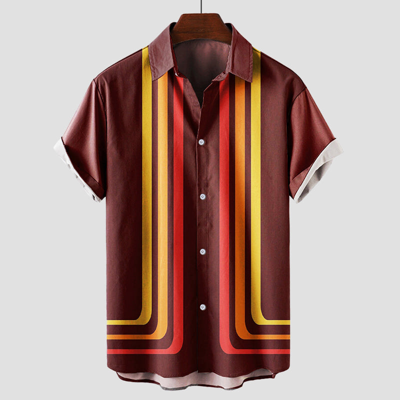 Modisches Herren Kurzarmhemd, Retro-Streifen-Design, bequem für den Sommer, erhältlich in Beige & Blau.