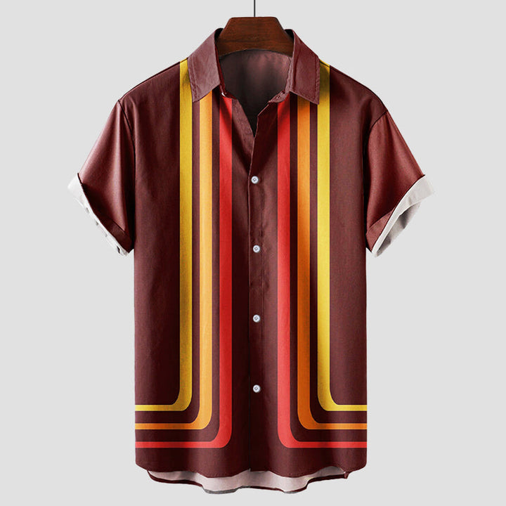 Modisches Herren Kurzarmhemd, Retro-Streifen-Design, bequem für den Sommer, erhältlich in Beige & Blau.
